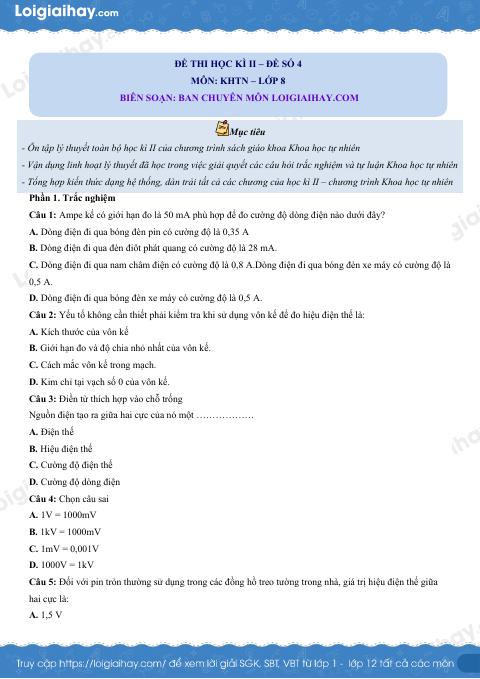 Đề thi học kì 2 KHTN 8 Cánh diều - Đề số 4
